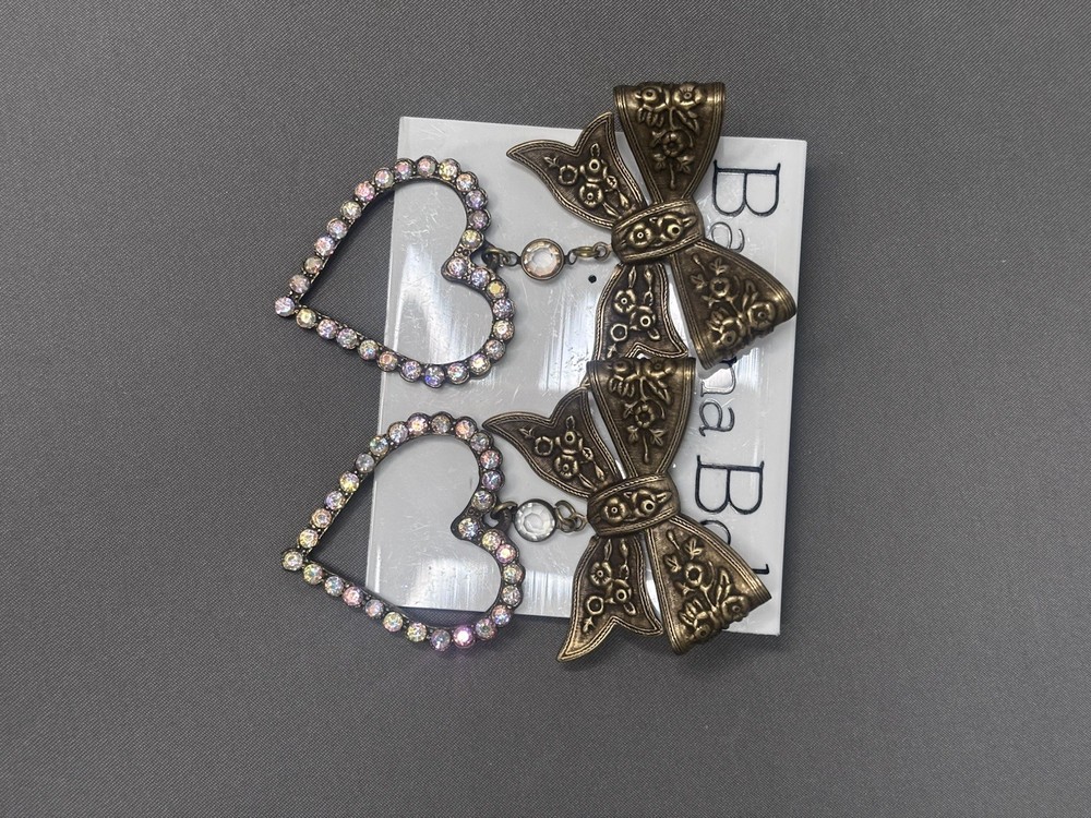 Vintage Banana Bob Heart & Bow Rhinestone Dangle Earrings