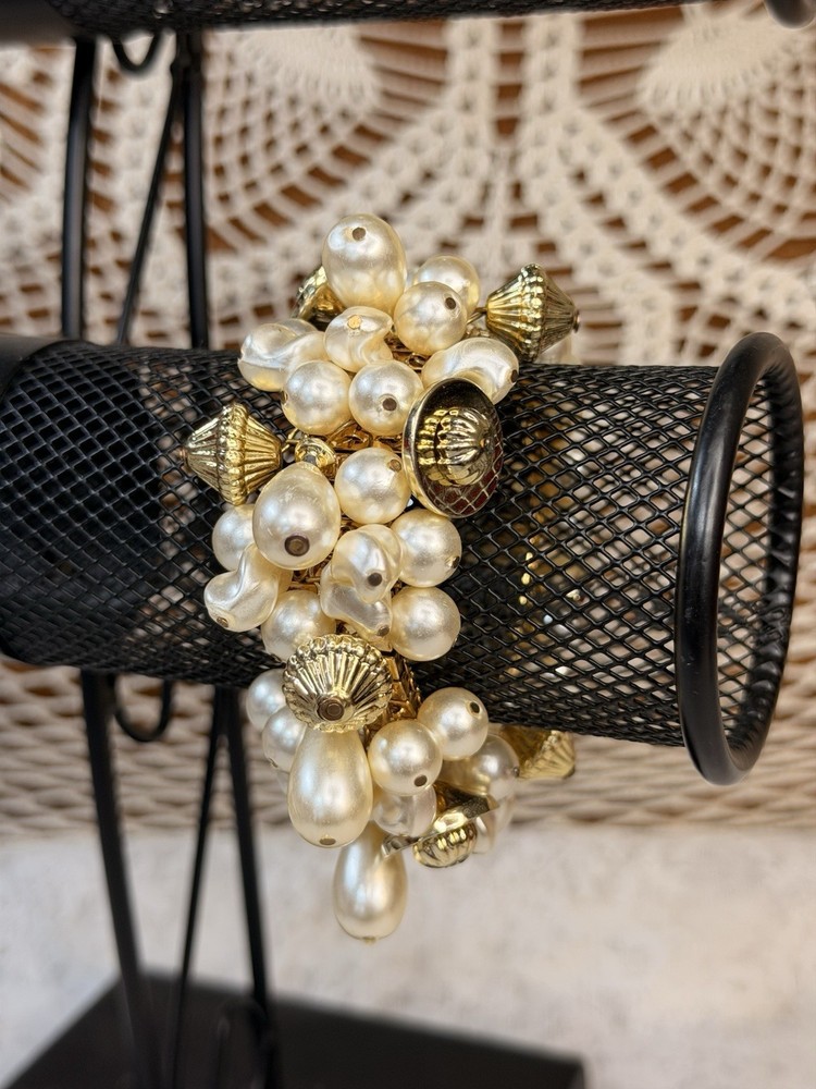 Vintage Faux Pearls MultiBeaded Bracelet Gold Tone Expandable Metal Band Cha-Cha