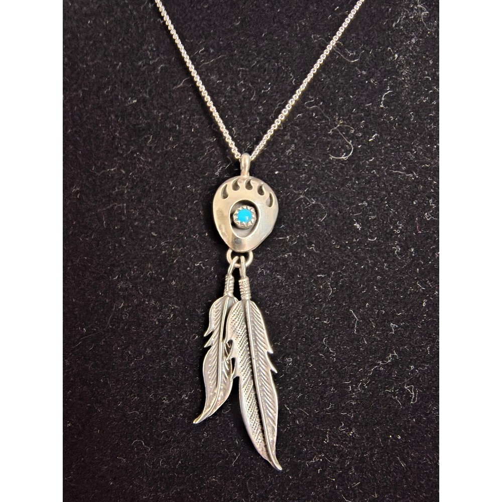 Old Sterling Silver Bear Paw Turquoise Feather Dangle Pendant Necklace 925 Chain