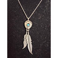 Old Sterling Silver Bear Paw Turquoise Feather Dangle Pendant Necklace 925 Chain