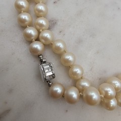 Vintage Glass Simulated Pearl Necklace 36in Hand Knotted Rhinestone Clasp Opera
