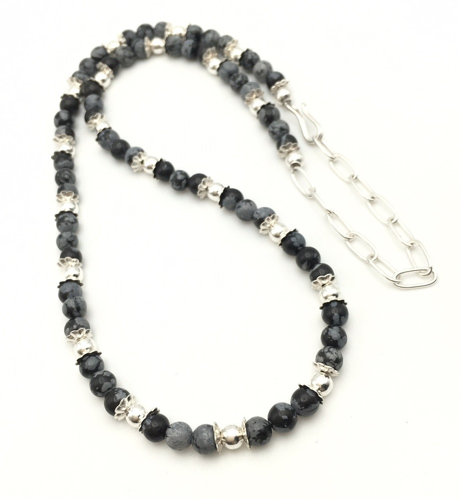 Silver Schark Handmade Sterling Silver & Snowflake Obsidian Necklace 15-18” #94