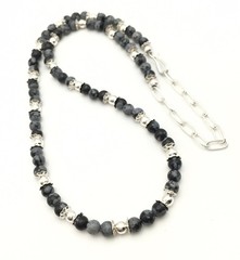 Silver Schark Handmade Sterling Silver & Snowflake Obsidian Necklace 15-18” #94