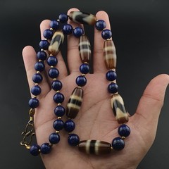 Vintage Tibetan Agate & Lapis Lazuli Necklace Zigzag Pattern Beads 22in
