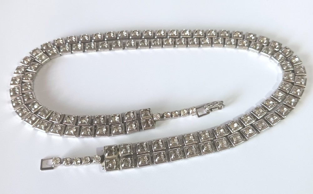Vintage D’VER’S N.Y. 2-Strand Silver-tone Necklace w/ Square Rhinestones 15″
