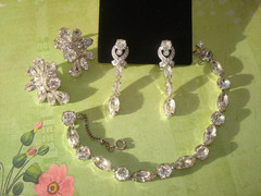 Vtg. EISENBERG BRACELET&TWO PAIRS EARRINGS CLEAR RHINESTONES ALL SIGNED,LOT/SET