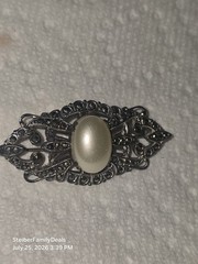 Vtg Sterling Silver Faux Pearl Marcasite Brooch Pin Art Deco Or Victorian