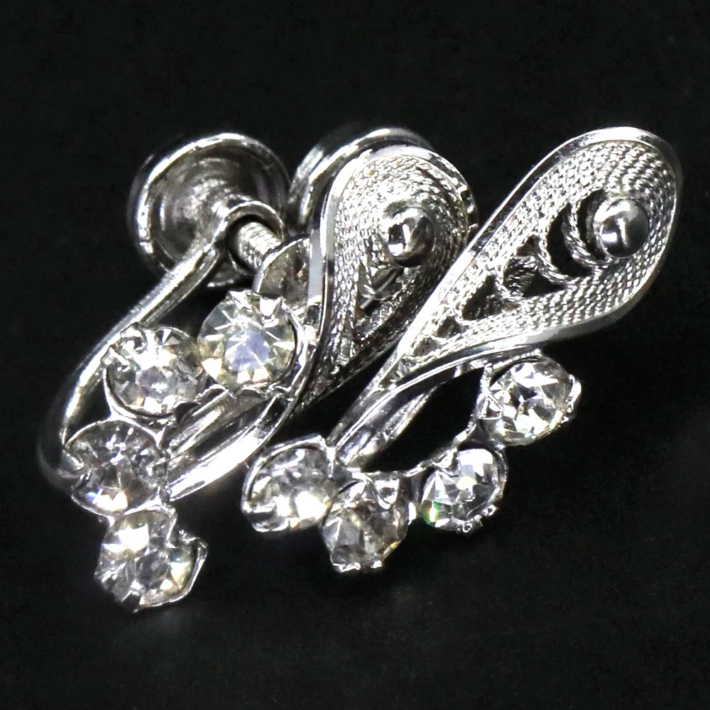 ANTIQUE SORRENTO STERLING SILVER EARRINGS W/CLEAR CRYSTALS FILIGREE SETTING 1957
