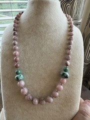 Unique Vintage Natural Stone, Pink And Green Necklace, Ornate Oval Box Clasp