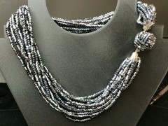 Black Czech Glass 12 Strand 1950’s Necklace Statement Push In Clasp VTG 15″