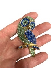 Vintage Gold Tone Owl Brooch Blue & Green Rhinestone Crystal Bird Pin Statement