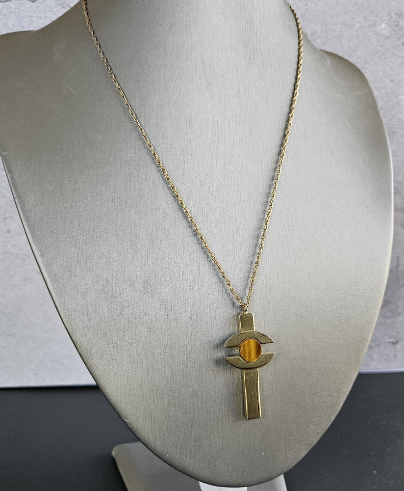 Vintage Whiting & Davis Pendant Necklace Tiger Eye Stone Mid Century MCM Gold19″