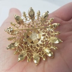 Dome Brooch Gold Tone Filigree Open Work Black Enamel Flower