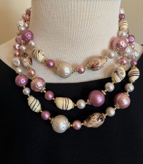 Vintage 1950s Pink Cream Swirl Beaded Triple Strand Necklace Signed Japan Retro