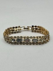 Vintage Estate Gold Tone Clear Rhinestone Fold Over Clasp Bracelet 7”