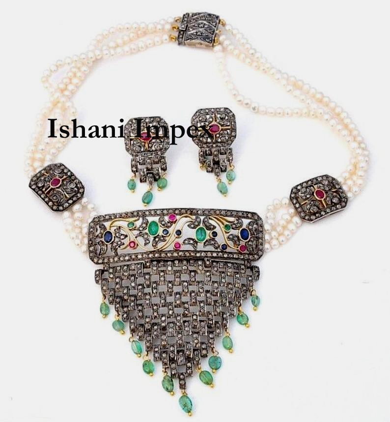 Necklace Natural Rosecut Diamond , Emerald Ruby Sapphire 925 Sterling Silver