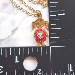 Small Girl With Red Crystals Blue Stones Pendant Necklace Gold Tone Chain 16.5″