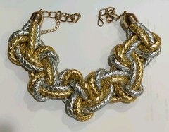 Huge Silver And Gold Tone Vintage Braided Leather Collar Necklace Signed Mika