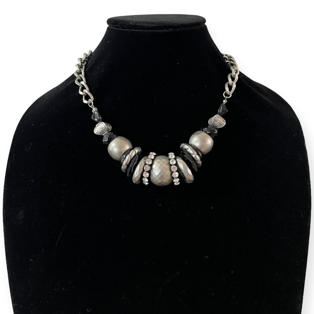 Natori Statement Necklace Silver Rhinestone Large Metal Beaded Chain
