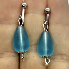 Vtg Frosted Blue Glass Teardrop Silvertone Bead Dangle Earrings Clip-on