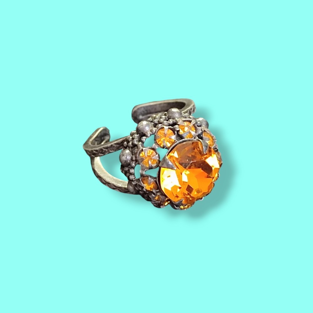 Vtg Antique Dinner Cocktail Open Band Ring Orange Glass Stones Sz 7
