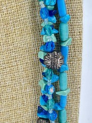 Natural Green Blue Stone Necklace Glass Triple Strand Silver Tone