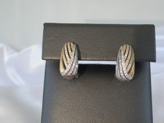 Vintage Sterling Silver 925 Gold Pave CZ Huggie Small Hoop Omega Earrings