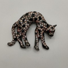 Vintage Rhinestone Black Cat Brooch Gothic Art Deco Pin