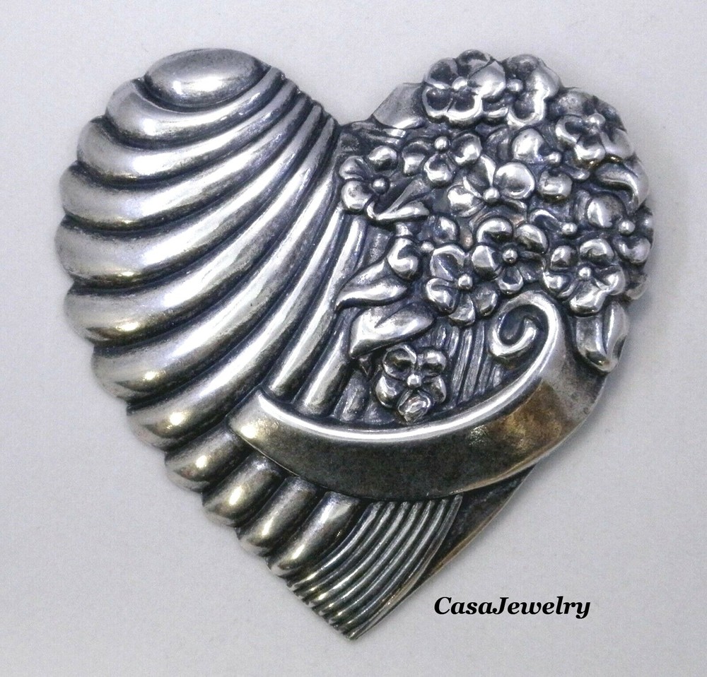 #3318 ANTIQUED .925 STERLING SILVER PLATED HEART BROOCH