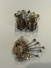 Vintage 1950s Floral Enamel Brooch & Clip-On Earrings Set Pastel Blue Cabochon