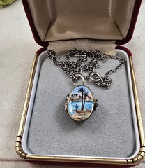 Deco Silver Gilt 800 Egyptian Revival Enamel Moses Basket Locket Pendant 1920s