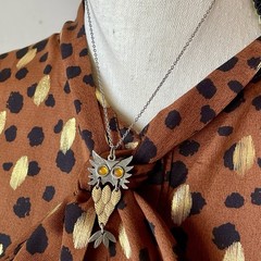 Vintage Owl Necklace Articulated Silver & Gold Tone Miniature Bird Boho Jewelry