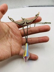 Vintage Style Art Nouveau Oxidized Brass Crane Bird w/ Rainbow Bead Necklace