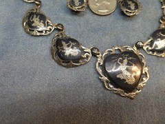 Siam Temple Dancers Necklace Sterling Silver Niello + Clip Earrings