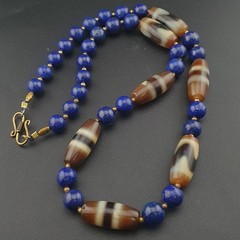 Vintage Tibetan Agate & Lapis Lazuli Necklace Zigzag Pattern Beads 22in