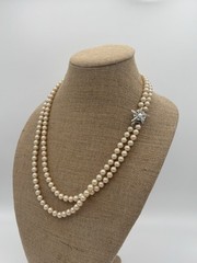 Vintage Hand Knotted Faux Pearl Double Strand Rhinestone Floral Clasp Necklace