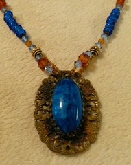 Unique Custom Made Beaded Necklace W/vintage Stone Brooch As Pendant Blue
