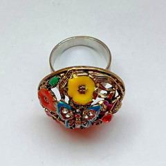 Vintage Enamel Butterfly Flowers Rhinestone Dome Statement Cocktail Ring Sz 7