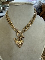 VTG JUICY COUTURE 14” Y2K GOLD PLATED PUFFY HEART CHARM CHUNKY LINK NECKLACE