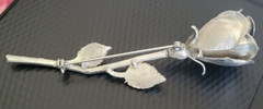 Vintage Single ROSE BROOCH PIN Silver Long Stem with 2 Leaves 3.75″ inches