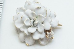 ANTIQUE 14K GOLD WHITE ENAMEL DIAMOND ROSE FLOWER BROOCH / PENDANT C1900
