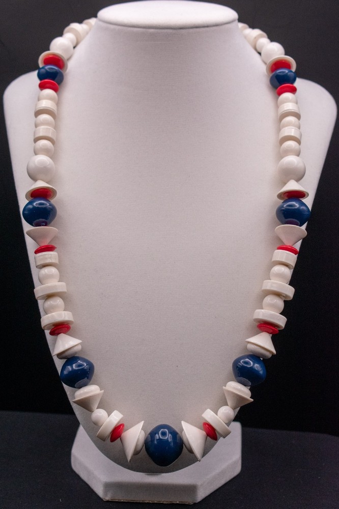 Vintage 60s 70s Mod Plastic Bead Necklace Red White Blue Geometric Lucite