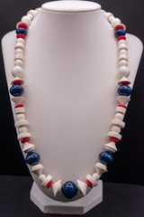 Vintage 60s 70s Mod Plastic Bead Necklace Red White Blue Geometric Lucite