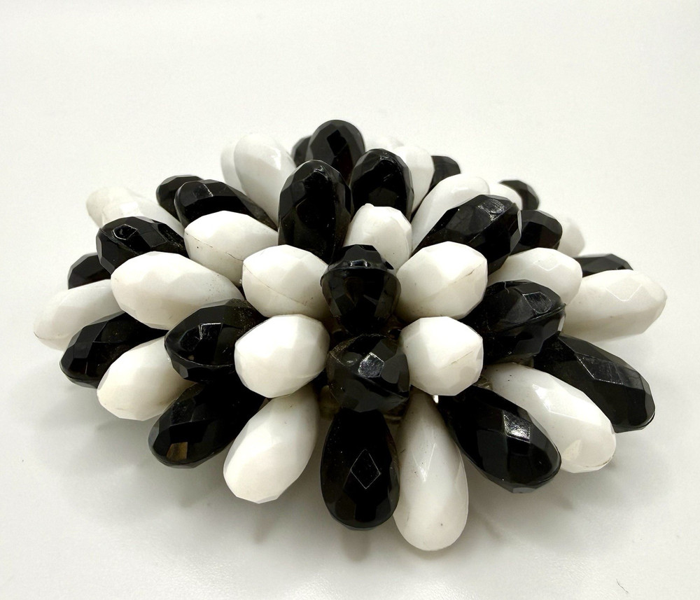 West Germany Black & White Glass Teardrop Flower Brooch TipToe Clip Pat Signed