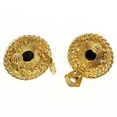 Vintage Black Glass Cabochon Rope Border Gold Plated Clip On Button Earrings