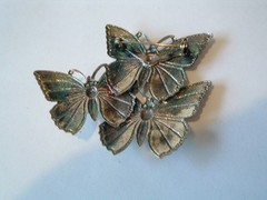Vintage French Cloisonne Pink and Green Enamel and Rhinestone Butterfly Pin