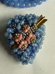 VINTAGE MIRIAM HASKELL BLUE GLASS BEAD AND SEED HEART BRACELET & PIN “AS IS”