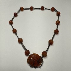 VTG Antique Chinese Carved Carnelian 15.5” Sterling Choker Necklace TLC