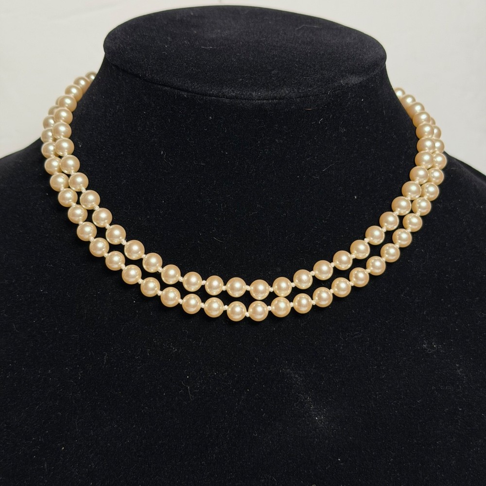 Vintage Double Strand Faux Pearl Choker Necklace Teardrop Clasp 15.5″ Gold Tone