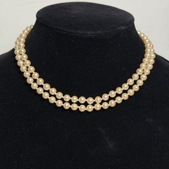 Vintage Double Strand Faux Pearl Choker Necklace Teardrop Clasp 15.5″ Gold Tone